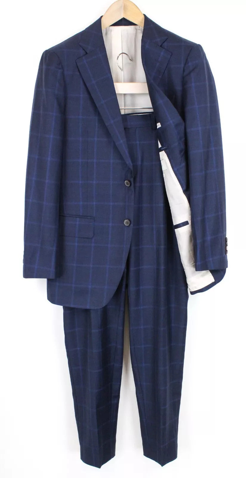 SUITSUPPLY Lazio Men Suit UK38R Slim Cut Checked 2 Piece Pure Wool Blue Classic