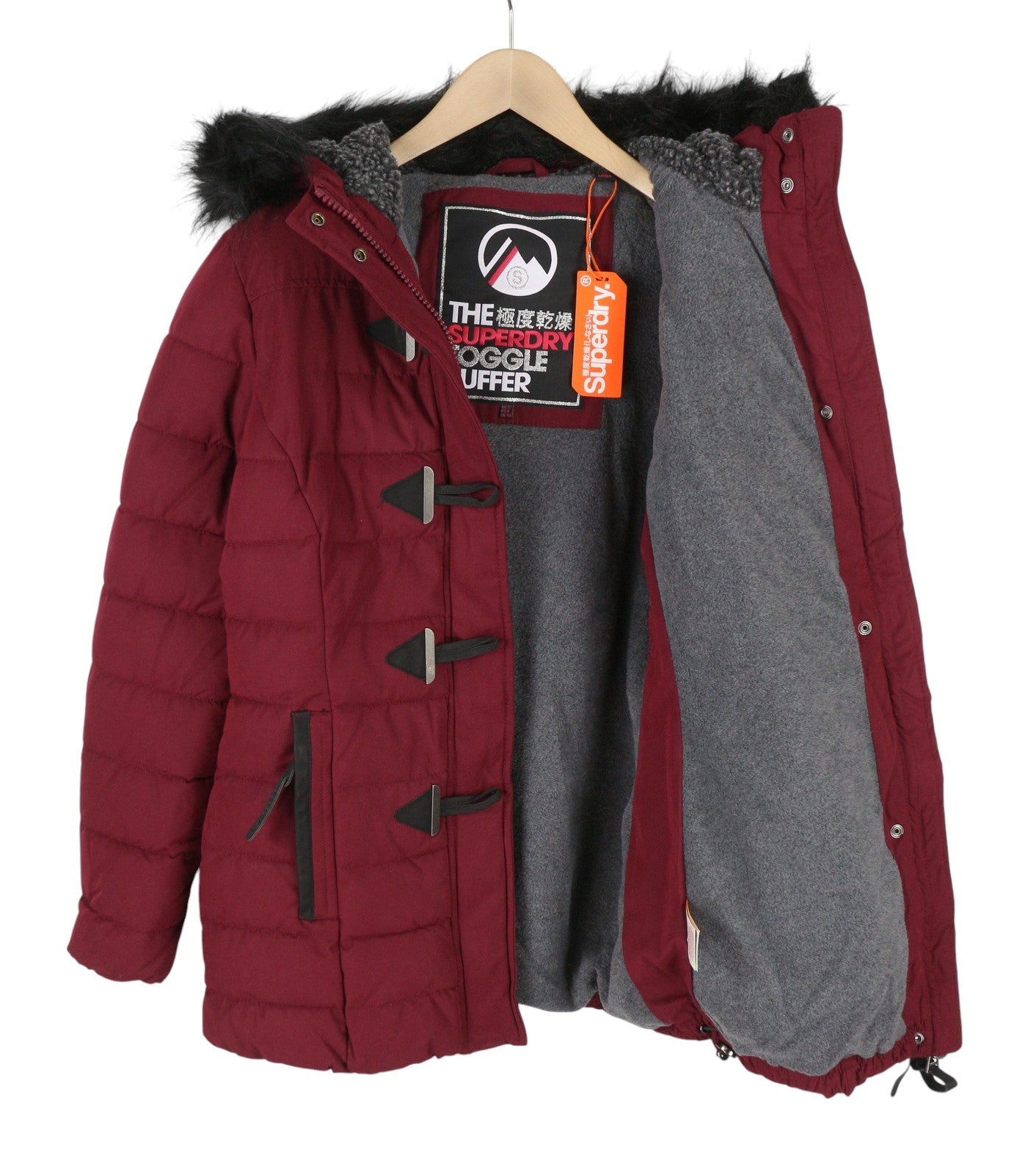SUPERDRY Microfibre Tall Toggle Parka Women Jacket EU40 Burgundy Quilted Hood