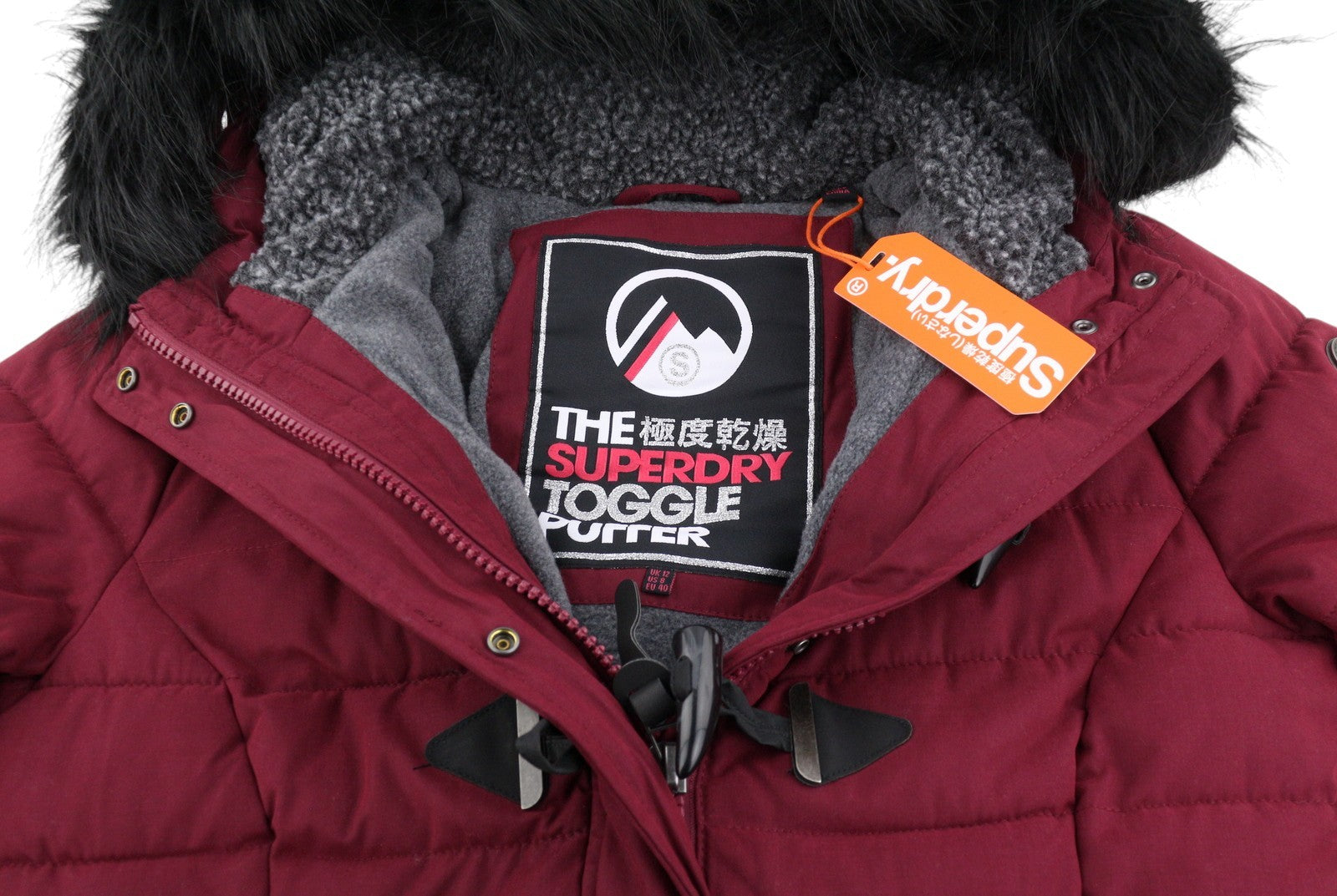 SUPERDRY Microfibre Tall Toggle Parka Women Jacket EU40 Burgundy Quilted Hood
