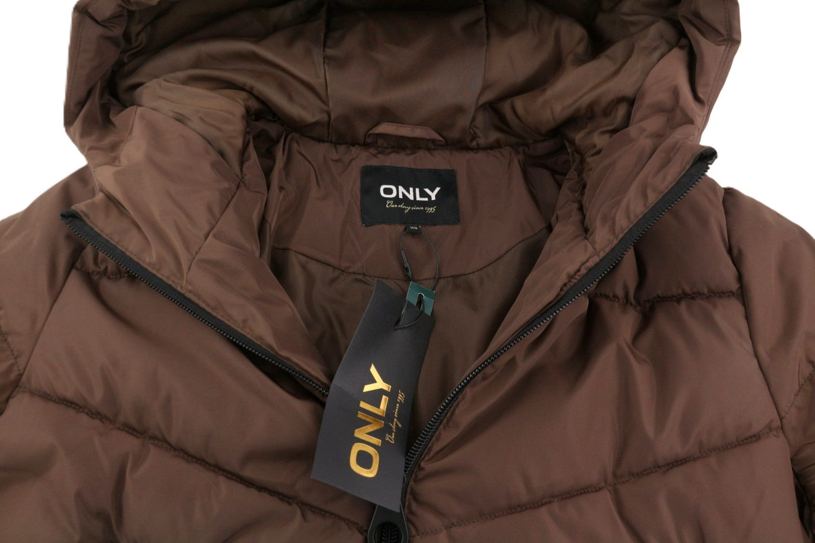 ONLY Lada Short Women Jacket XS Brown Quilted Hooded Puffer Full Zip