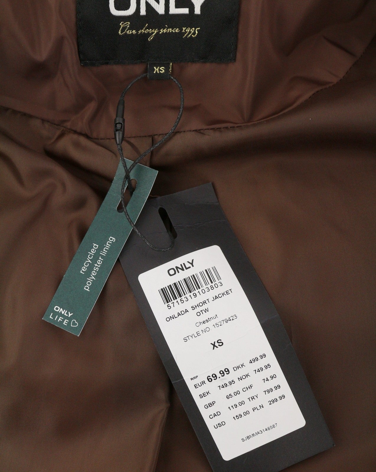 ONLY Lada Short Women Jacket XS Brown Quilted Hooded Puffer Full Zip