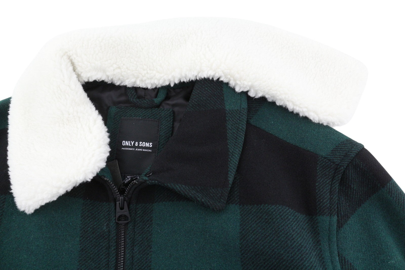 ONLY & SONS Ron Check Men Jacket XL Green Wool Blend Sherpa Neck Removable