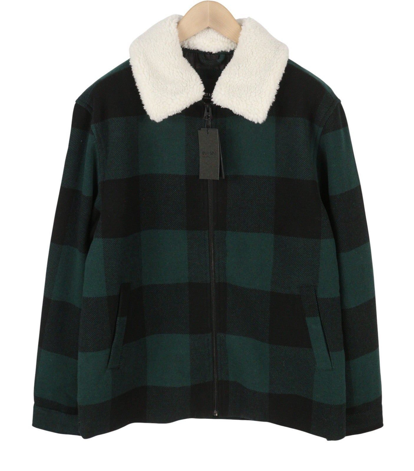 ONLY & SONS Ron Check Men Jacket XL Green Wool Blend Sherpa Neck Removable