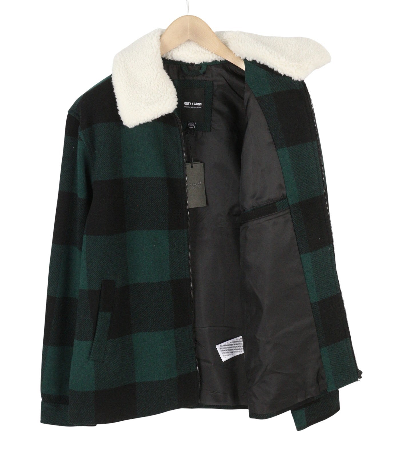 ONLY & SONS Ron Check Men Jacket XL Green Wool Blend Sherpa Neck Removable