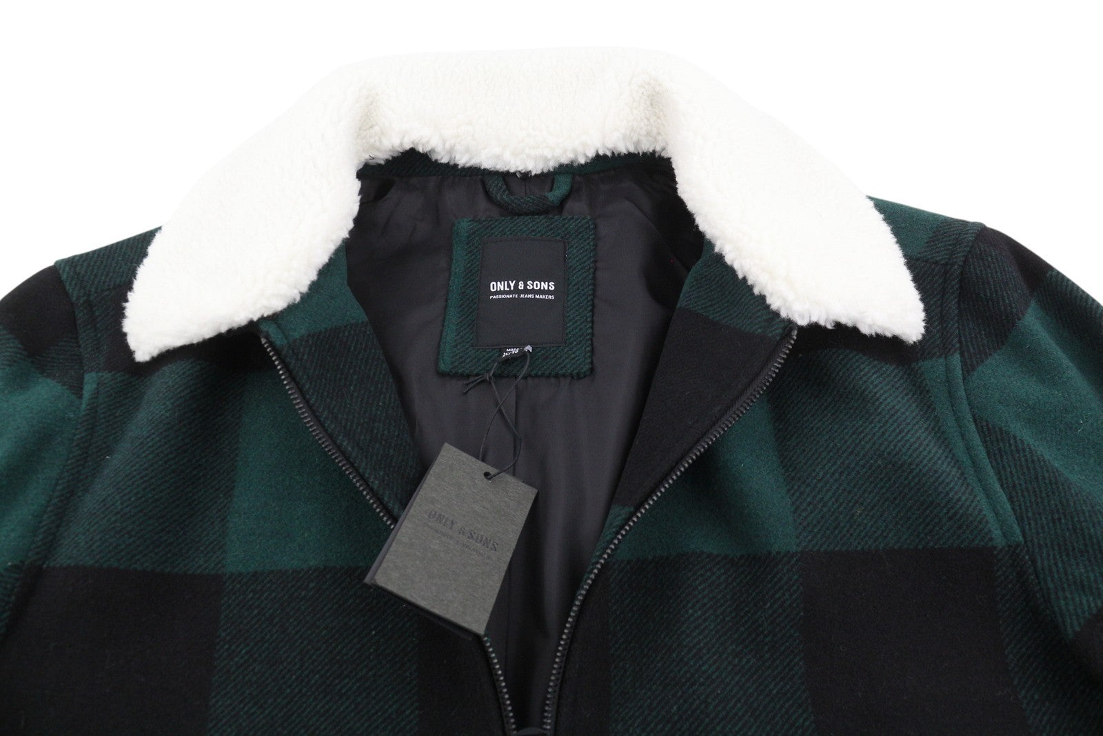 ONLY & SONS Ron Check Men Jacket XL Green Wool Blend Sherpa Neck Removable