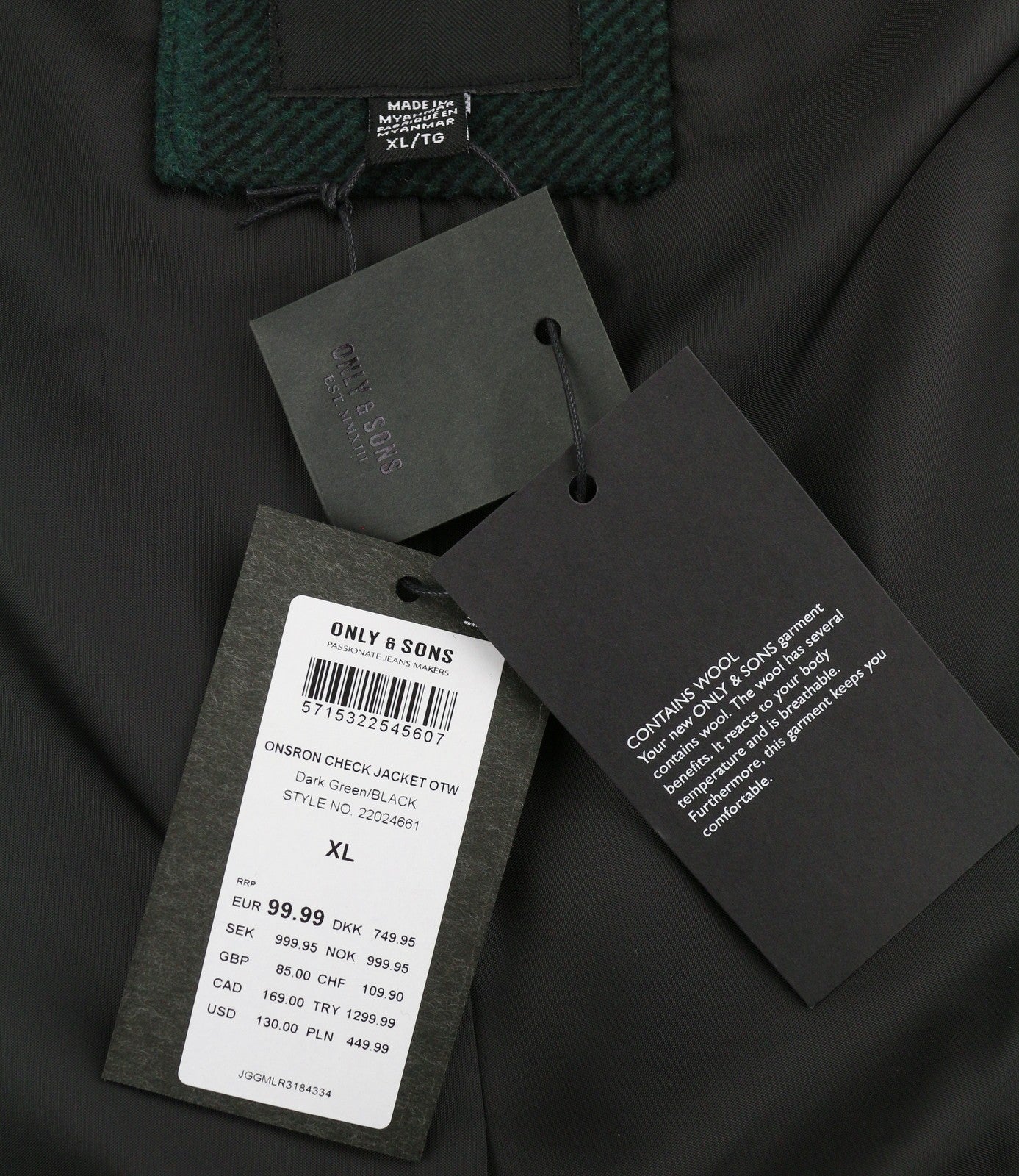 ONLY & SONS Ron Check Men Jacket XL Green Wool Blend Sherpa Neck Removable