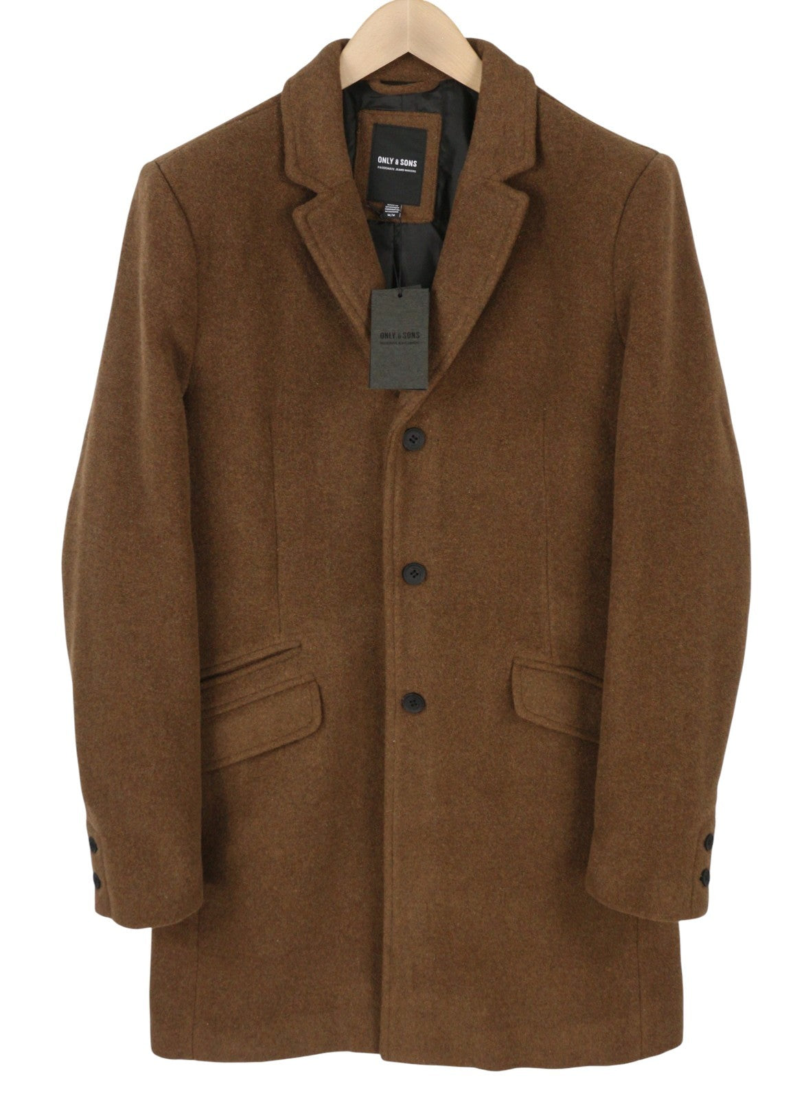 ONLY & SONS Justin Wool Men Coat L Brown Melange Notch Lapel Lined Button-Up