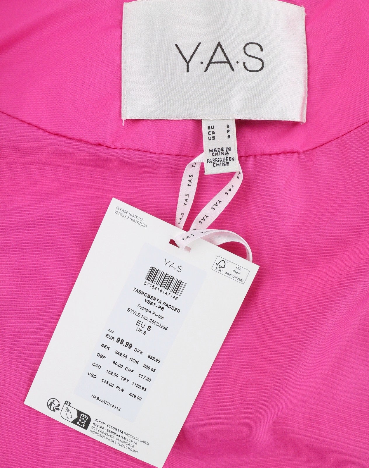YAS Roberta Padded Women Waistcoat S Pink Quilted High Neck Zip Vest