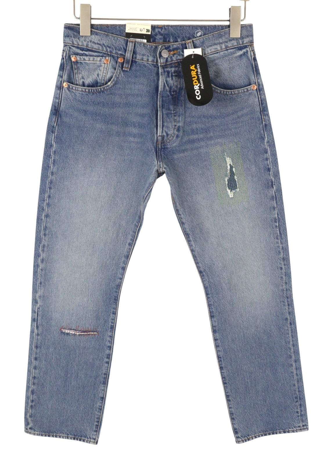 LEVI'S 501 Men Jeans W29/L30 Blue Whiskers Faded Ripped Straight Fit Big E