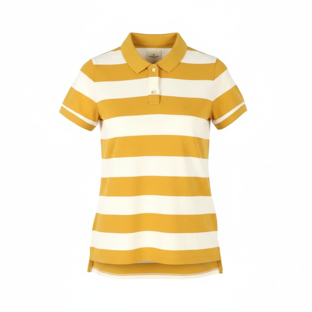 AMERICAN EAGLE OUTFITTERS Women T-Shirt M Mustard Striped Polo Short Sleeve