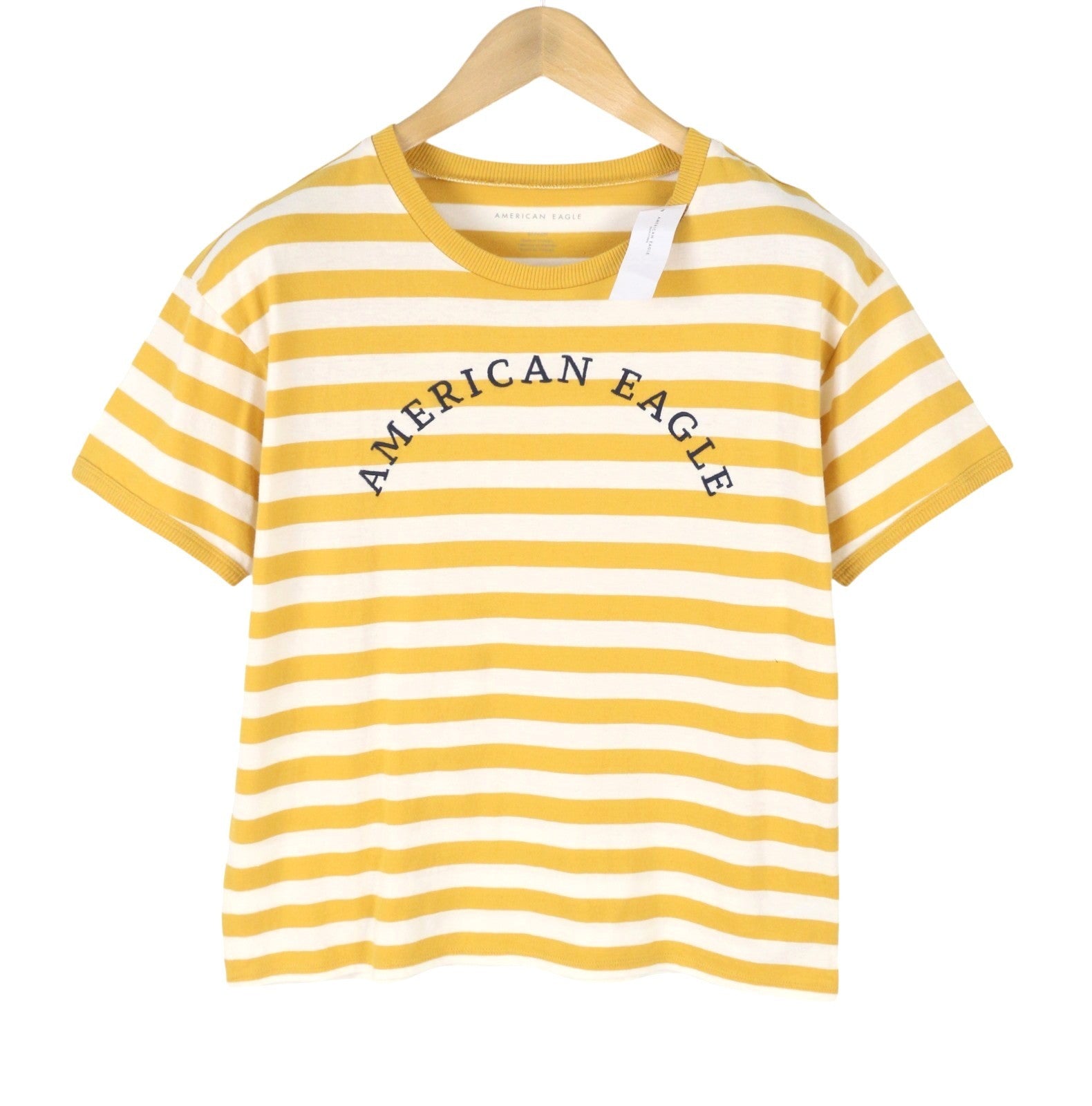 AMERICAN EAGLE OUTFITTERS Women T-Shirt L Mustard Striped Cotton Short Sleeve