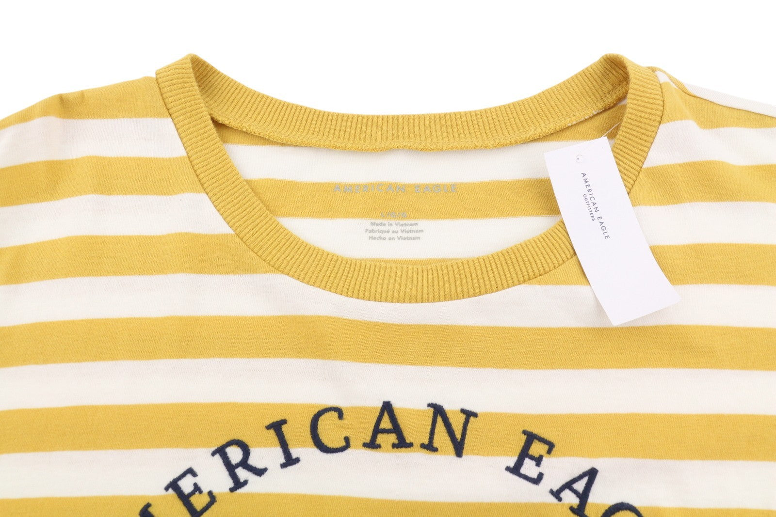 AMERICAN EAGLE OUTFITTERS Women T-Shirt L Mustard Striped Cotton Short Sleeve
