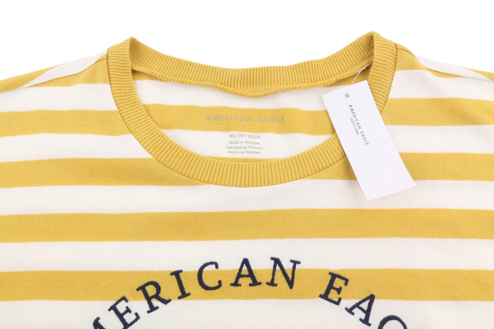AMERICAN EAGLE OUTFITTERS Women T-Shirt XS Mustard Striped Cotton Short Sleeve