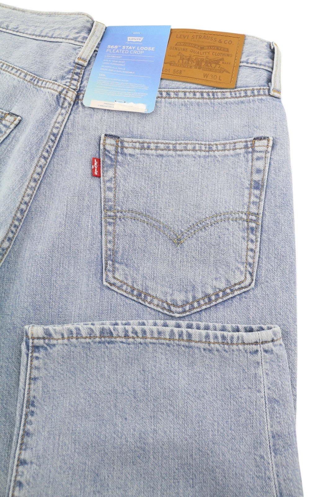 LEVI'S 568 Men Jeans W30 Blue Whiskers Faded Pleated Cropped Loose Linen Blend