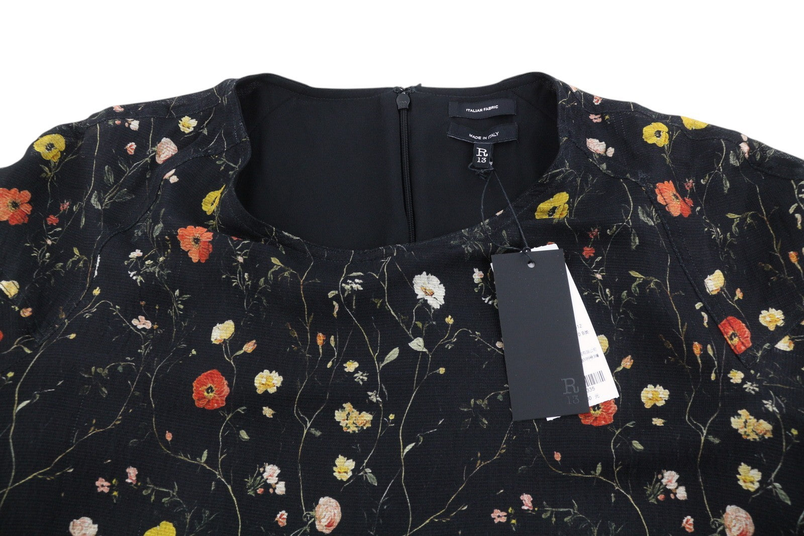 R13 Raglan Sleeve Babydoll Women Dress L Floral On Black Wool Silk Blend RRP1299