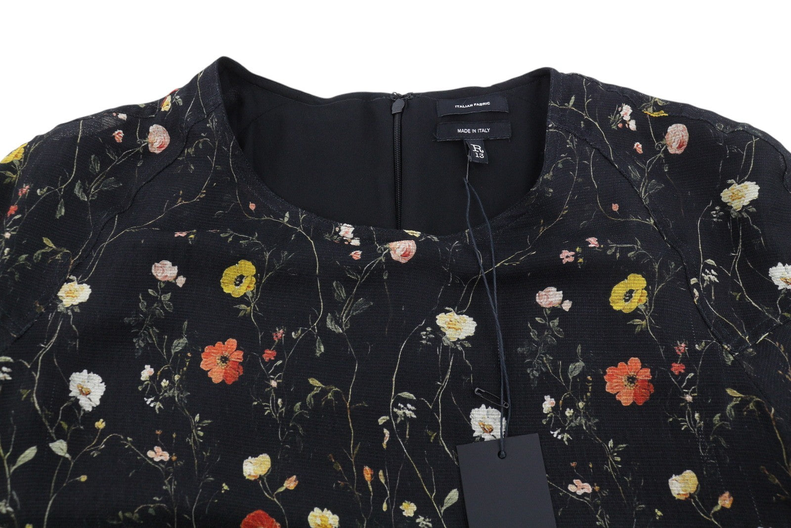 R13 Raglan Sleeve Babydoll Women Dress M Floral On Black Wool Silk RRP1299