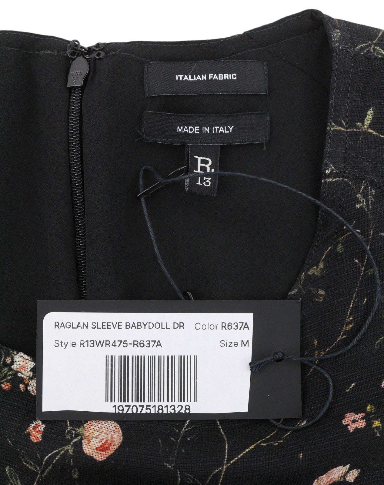 R13 Raglan Sleeve Babydoll Women Dress M Floral On Black Wool Silk RRP1299