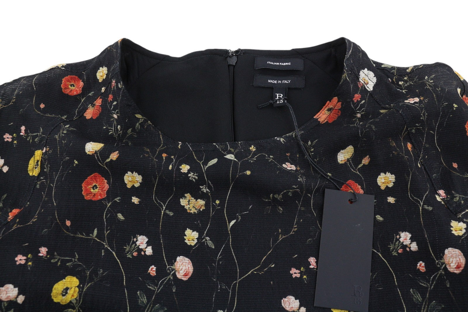 R13 Raglan Sleeve Babydoll Women Dress S Floral On Black Wool Silk Blend RRP1299