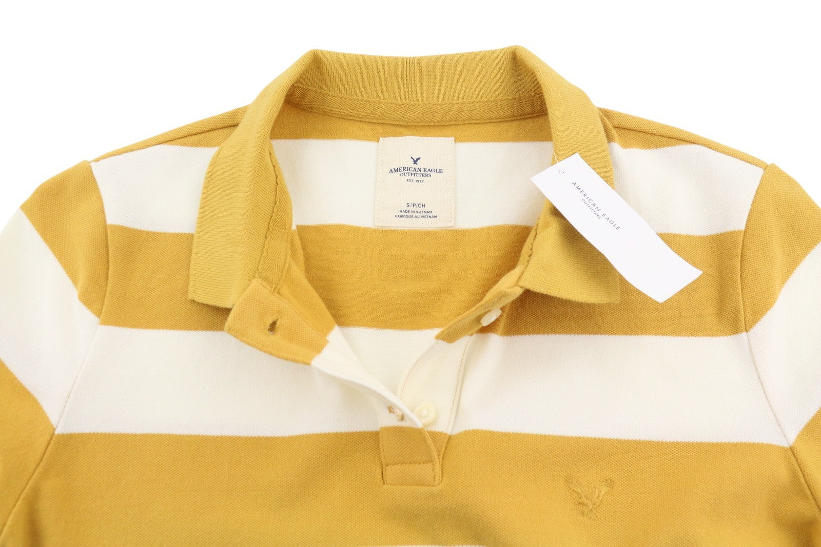 AMERICAN EAGLE OUTFITTERS Women T-Shirt S Mustard Striped Polo Short Sleeve