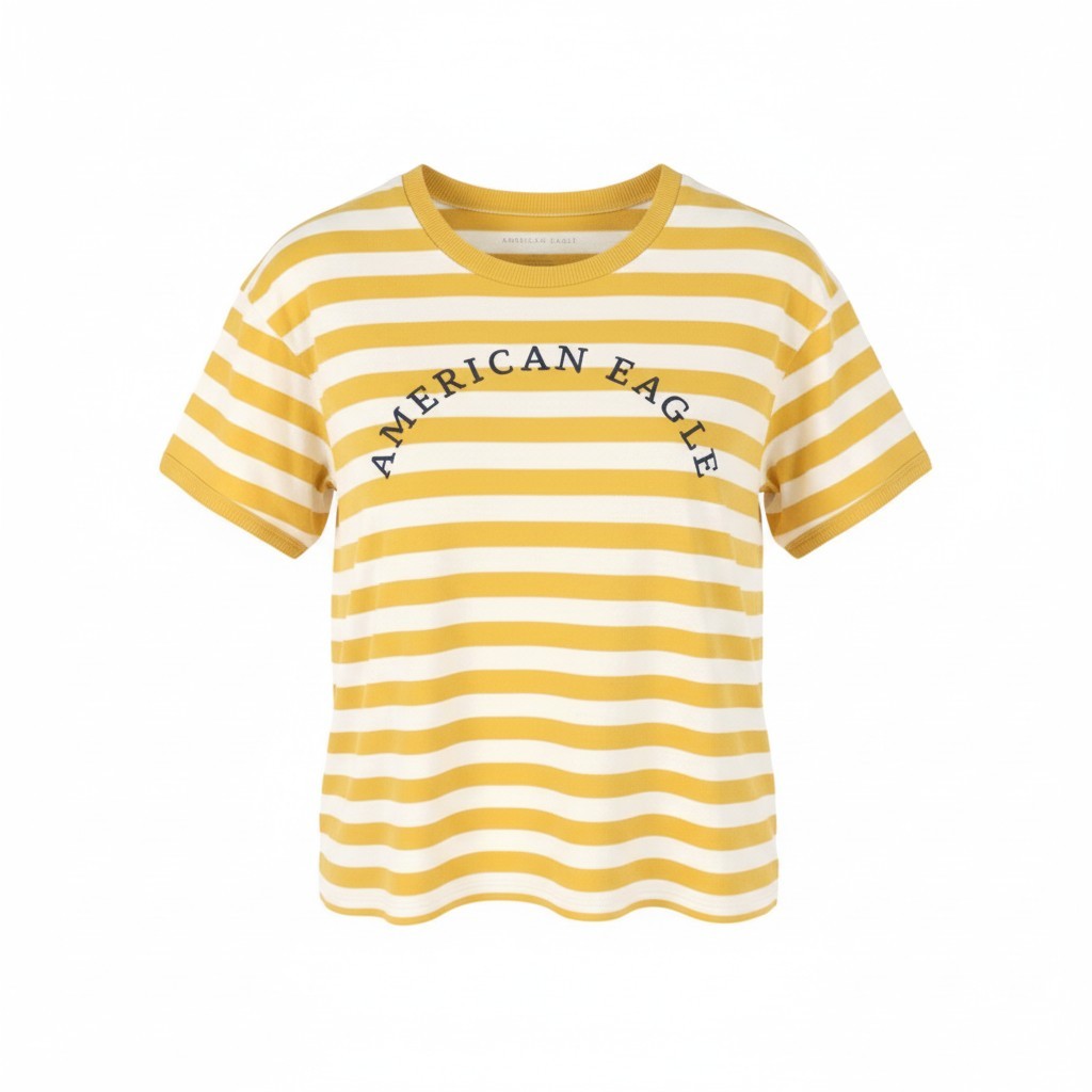 AMERICAN EAGLE OUTFITTERS Women T-Shirt S Mustard Striped Cotton Short Sleeve