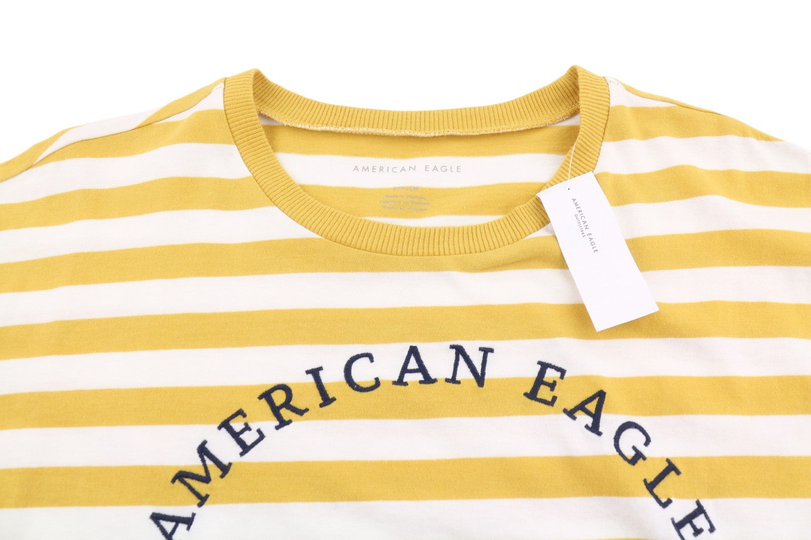 AMERICAN EAGLE OUTFITTERS Women T-Shirt S Mustard Striped Cotton Short Sleeve