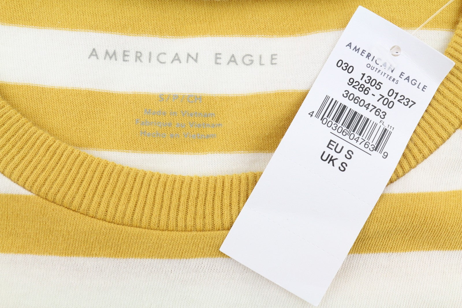 AMERICAN EAGLE OUTFITTERS Women T-Shirt S Mustard Striped Cotton Short Sleeve