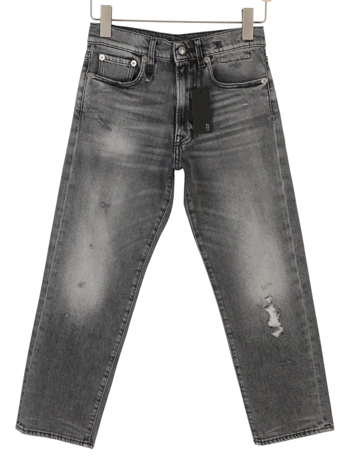 R13 Boyfriend Women Jeans 23 Grey Vintage Faded Ripped Cropped PS26 RRP595
