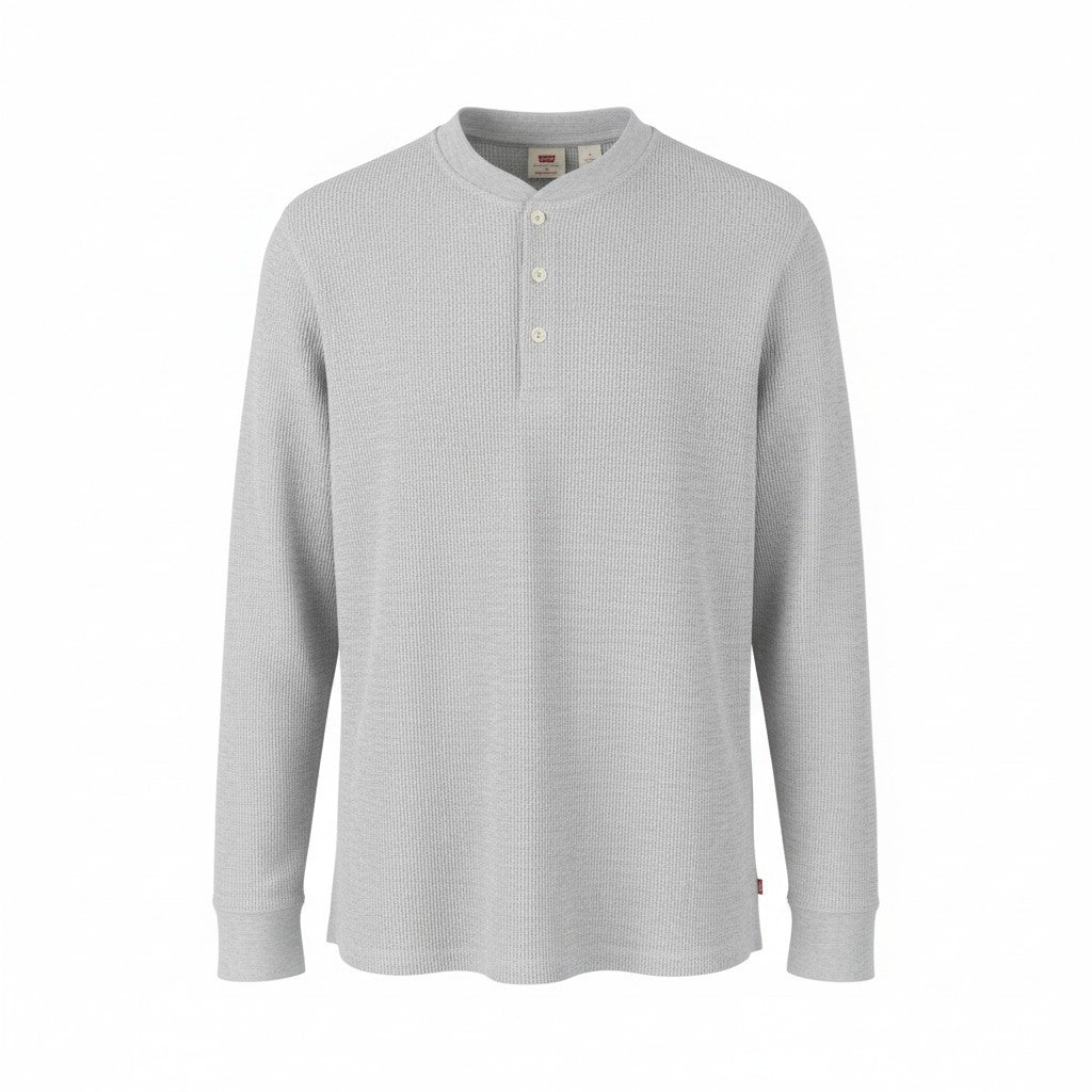 LEVI'S Standard Fit Men T-Shirt M Grey Melange Half Button Thick Long Sleeve