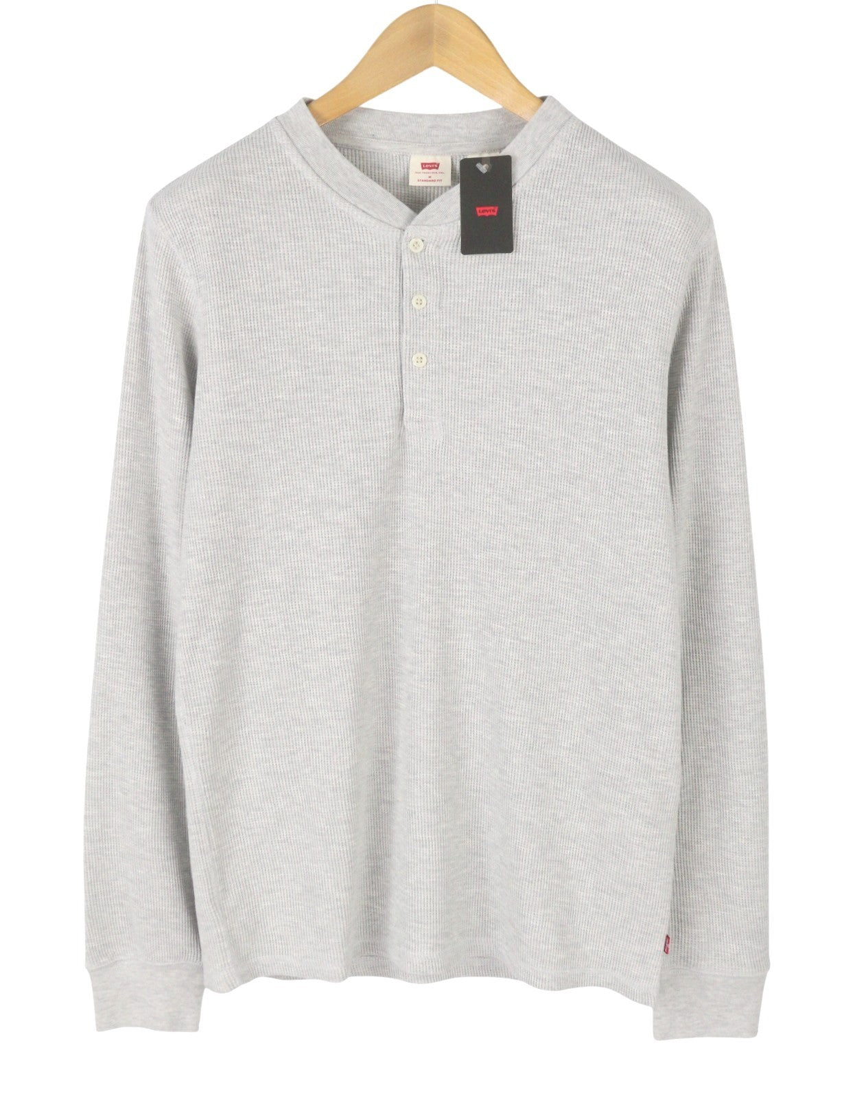 LEVI'S Standard Fit Men T-Shirt M Grey Melange Half Button Thick Long Sleeve