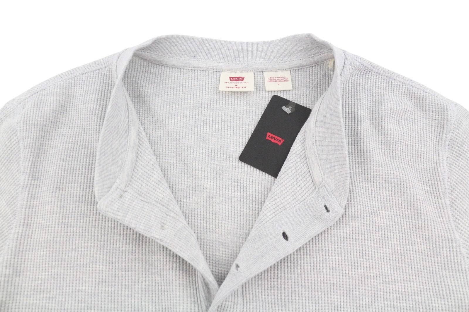 LEVI'S Standard Fit Men T-Shirt M Grey Melange Half Button Thick Long Sleeve