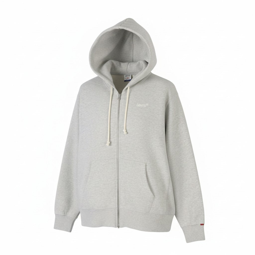 LEVI'S Relaxed Fit Men Hoodie S Grey Melange Embroidered Logo Full Zip