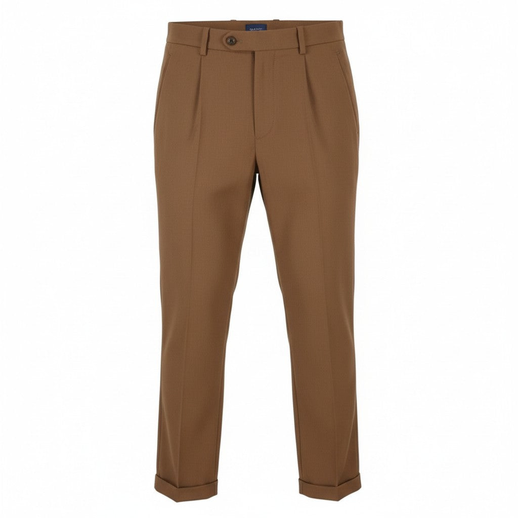 GANT Fluid Pleated Men Trousers W31 Walnut Wool Blend Turn-Up Zip