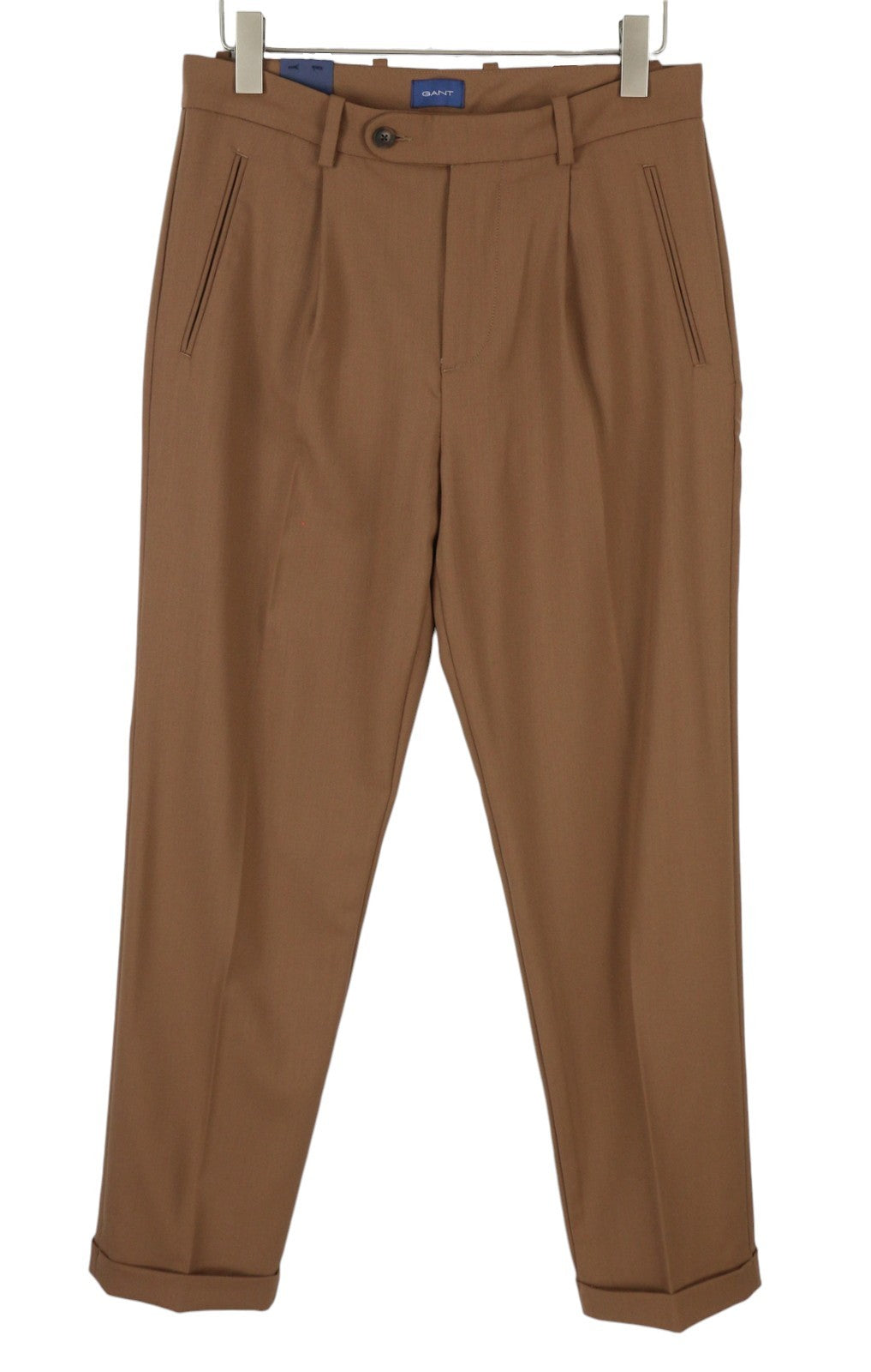 GANT Fluid Pleated Men Trousers W32 Walnut Wool Blend Turn-Up Zip