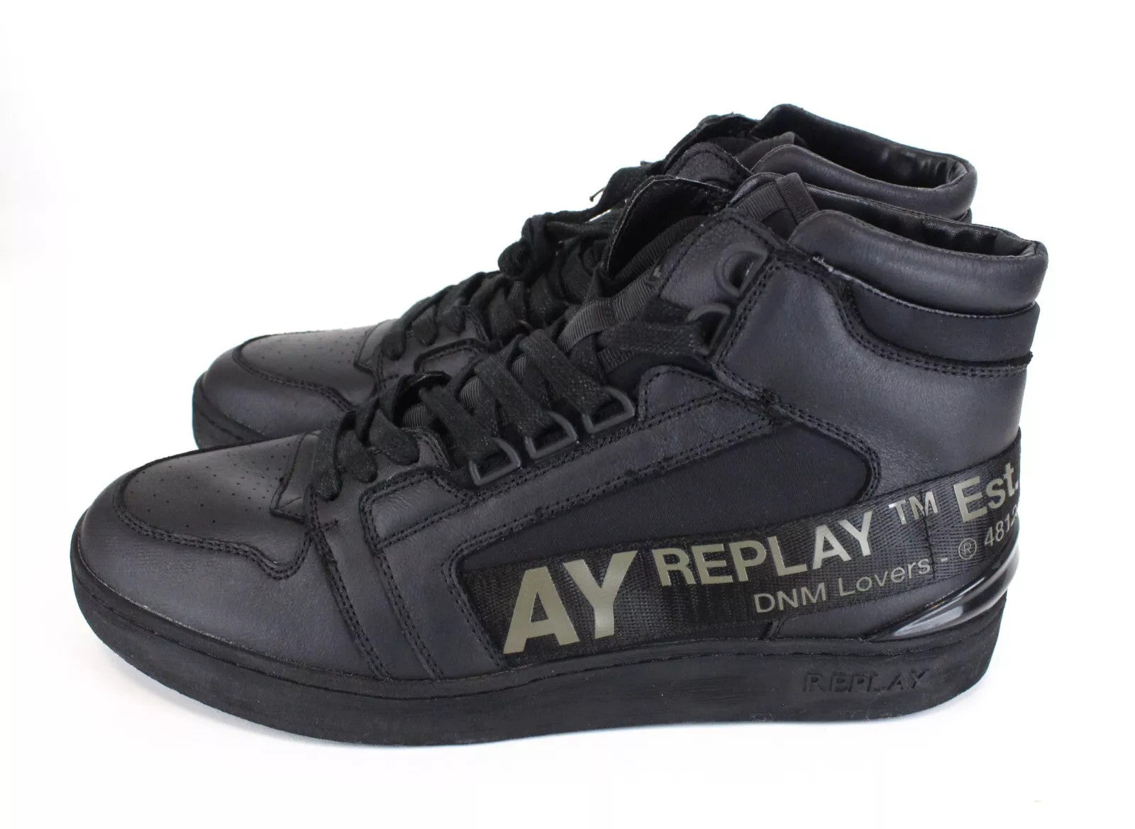REPLAY Alliot Men Trainers EU46 Black High-Top Laced Logo Casual Sneakers