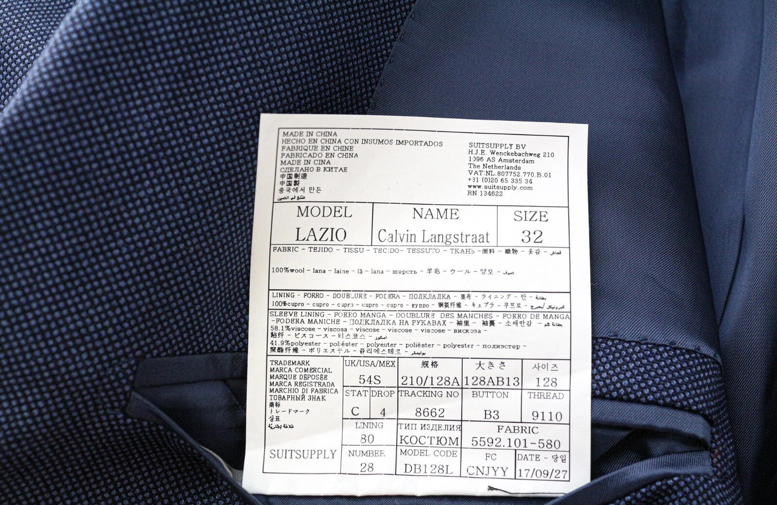 SUITSUPPLY Lazio Men Blazer UK54S Single-Breasted Formal Blue Pure Wool Classic