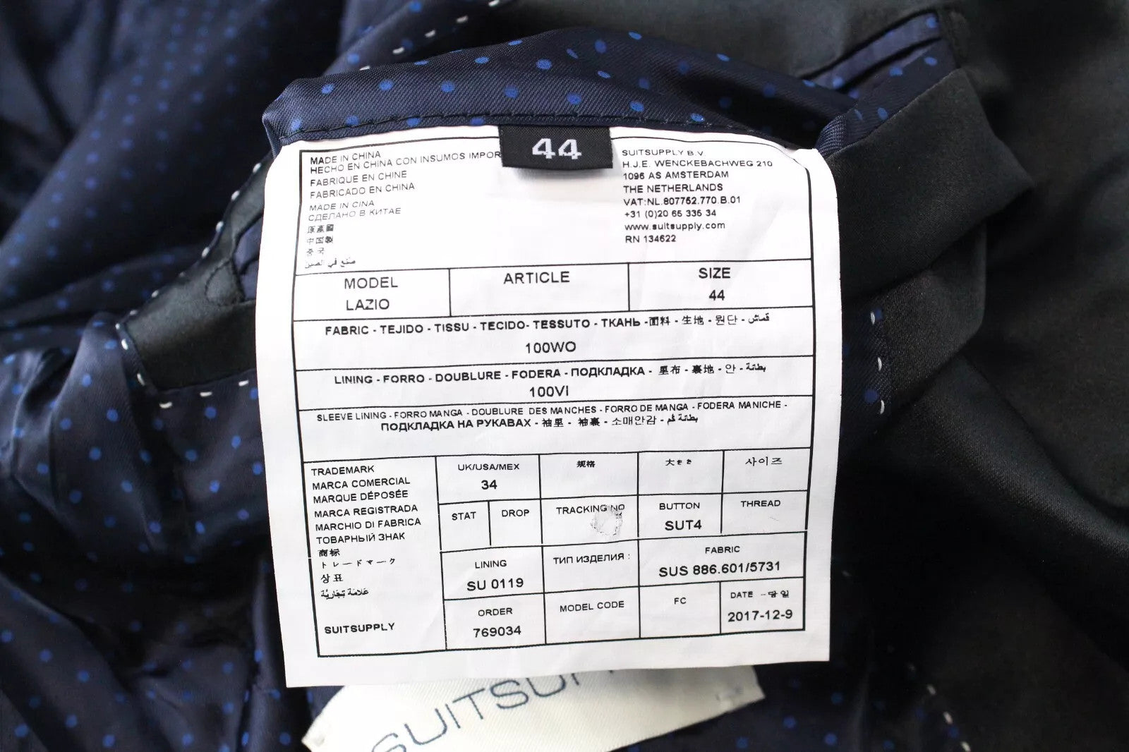 SUITSUPPLY Lazio Men Suit UK34 Tux Pure Wool Navy Lined Single-Breasted 2 Piece