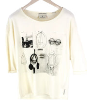 MAISON SCOTCH Women T-Shirt S Beige Pure Cotton 3/4 Sleeve Logo Casual Pull On
