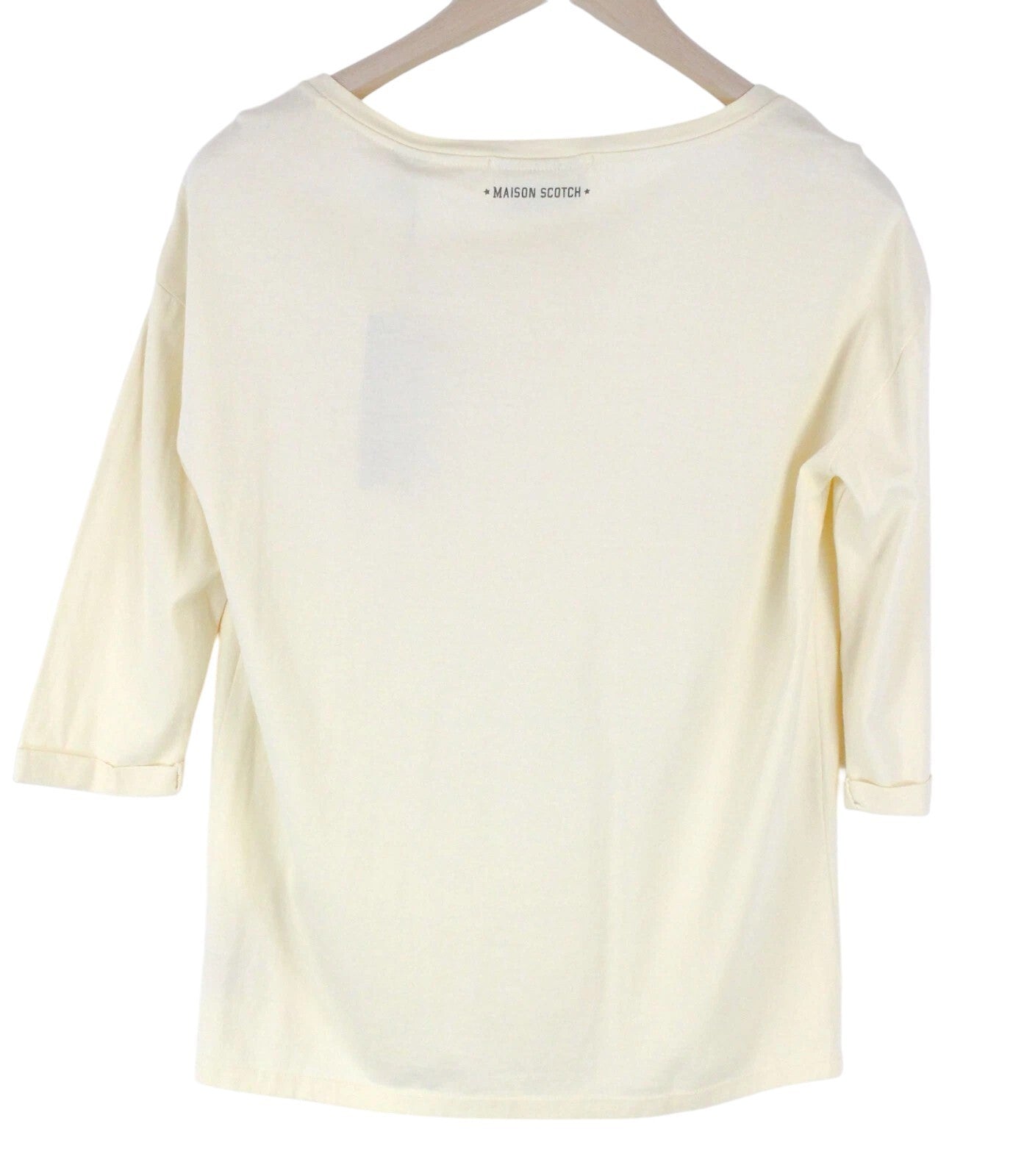 MAISON SCOTCH Women T-Shirt S Beige Pure Cotton 3/4 Sleeve Logo Casual Pull On