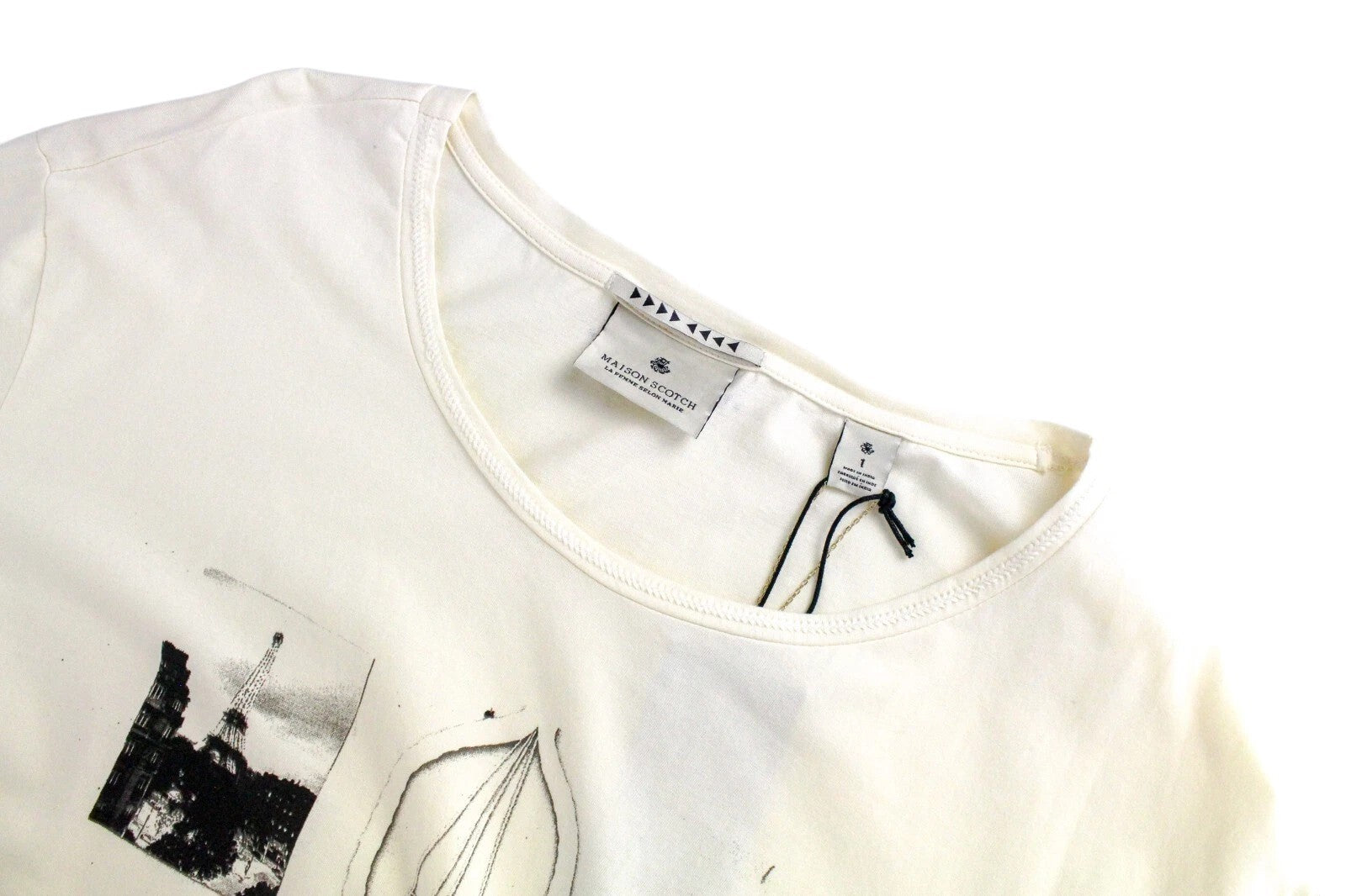 MAISON SCOTCH Women T-Shirt S Beige Pure Cotton 3/4 Sleeve Logo Casual Pull On