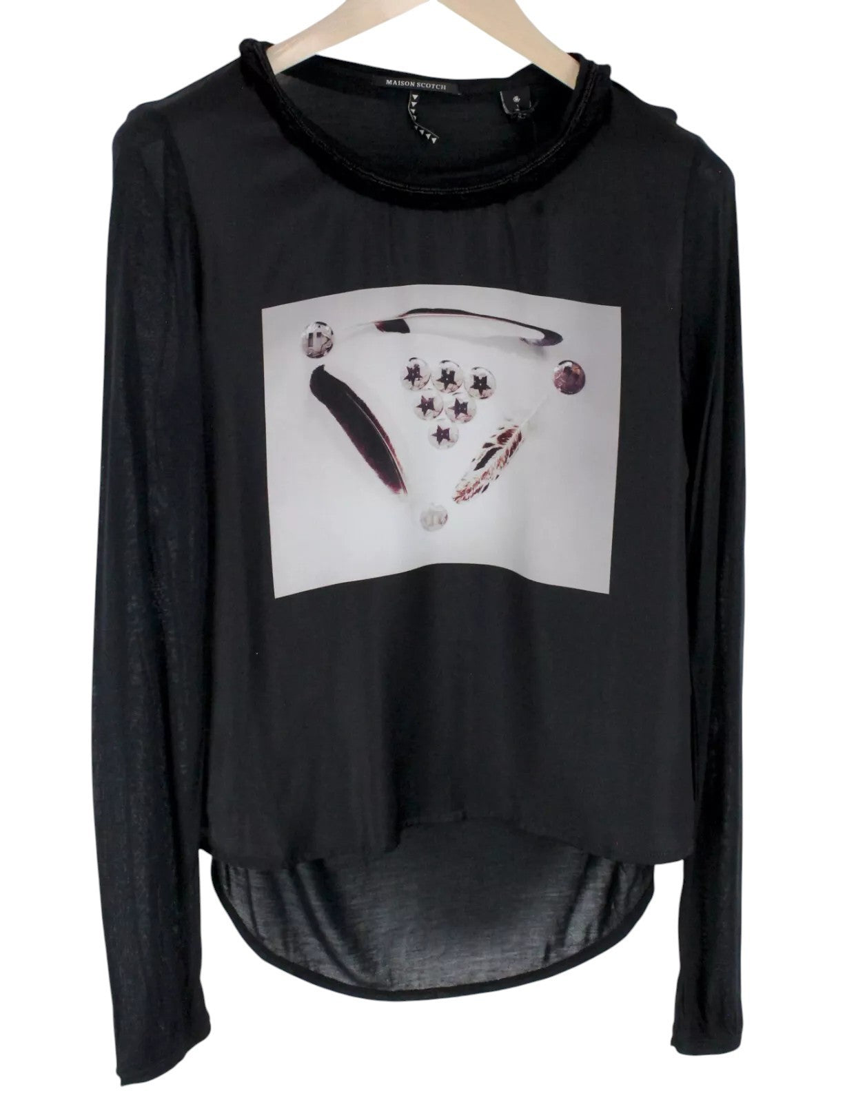 MAISON SCOTCH Women T-Shirt S Black Long Sleeved See-Through Casual Pull On