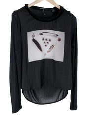 MAISON SCOTCH Women T-Shirt S Black Long Sleeved See-Through Casual Pull On