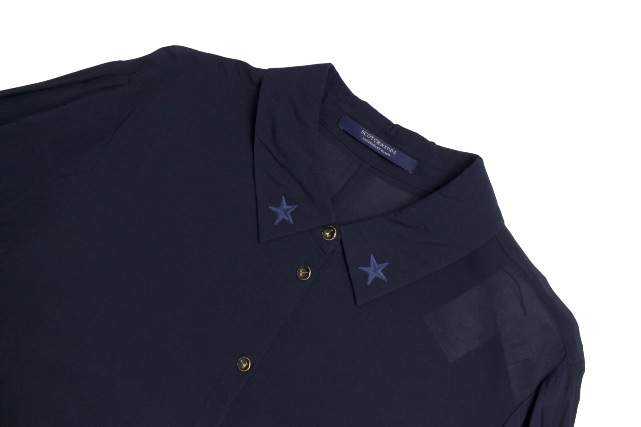 SCOTCH & SODA Ams Blauw Women Shirt L Navy See-Through Long Sleeved Button-Up