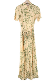DENHAM Roxanne Women Dress XS Light Brown Palm Print Short Sleeved Collared