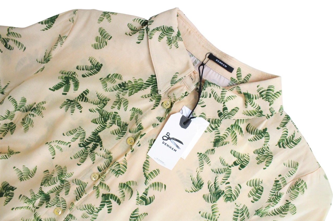 DENHAM Roxanne Women Dress XS Light Brown Palm Print Short Sleeved Collared