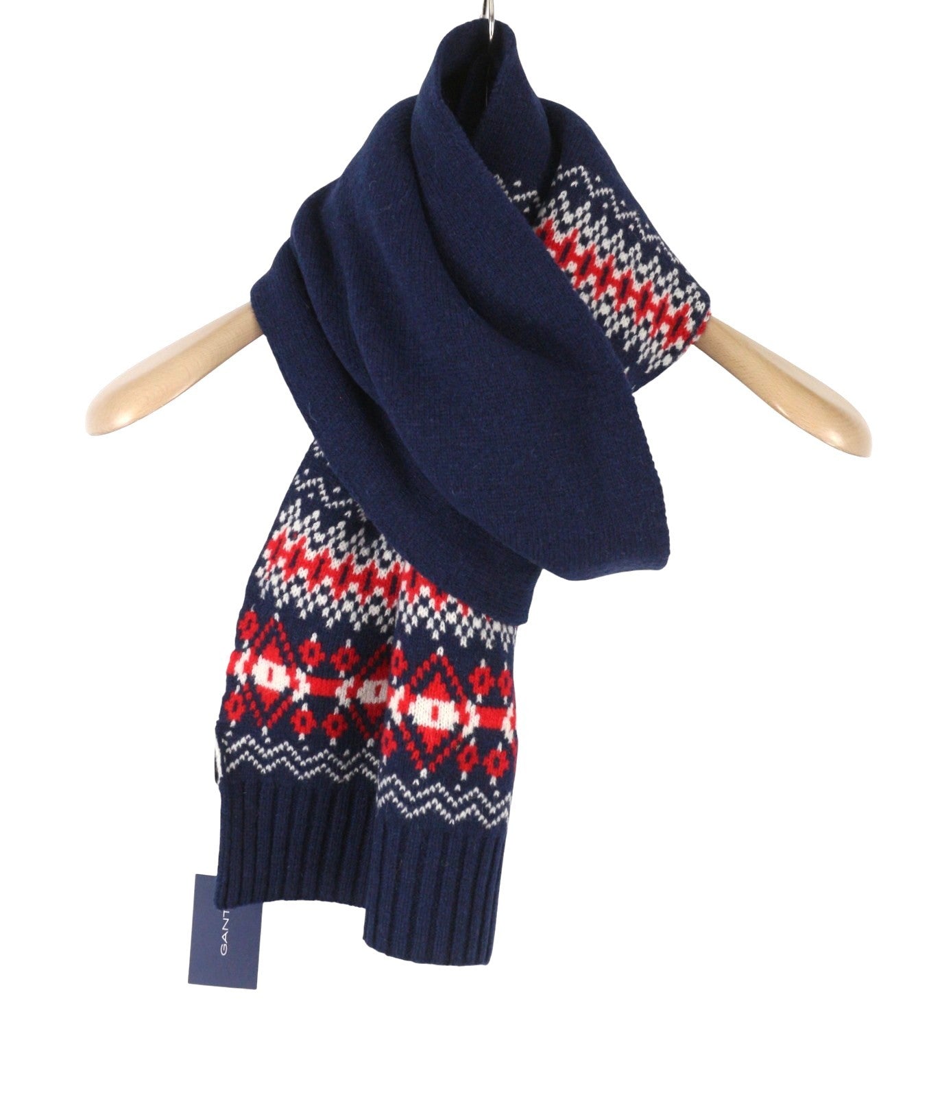 GANT Holiday Fair Isle Men Scarf OS Blue Wool Knit Pattern Winter Unisex