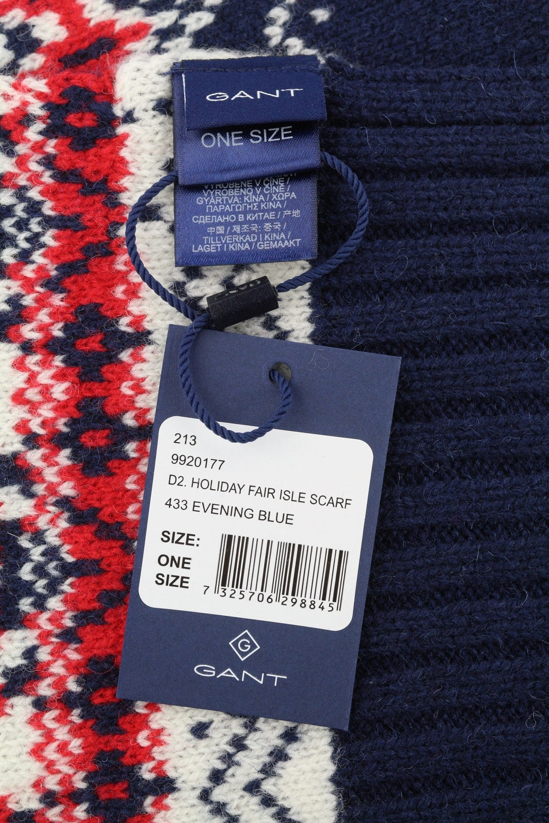 GANT Holiday Fair Isle Men Scarf OS Blue Wool Knit Pattern Winter Unisex