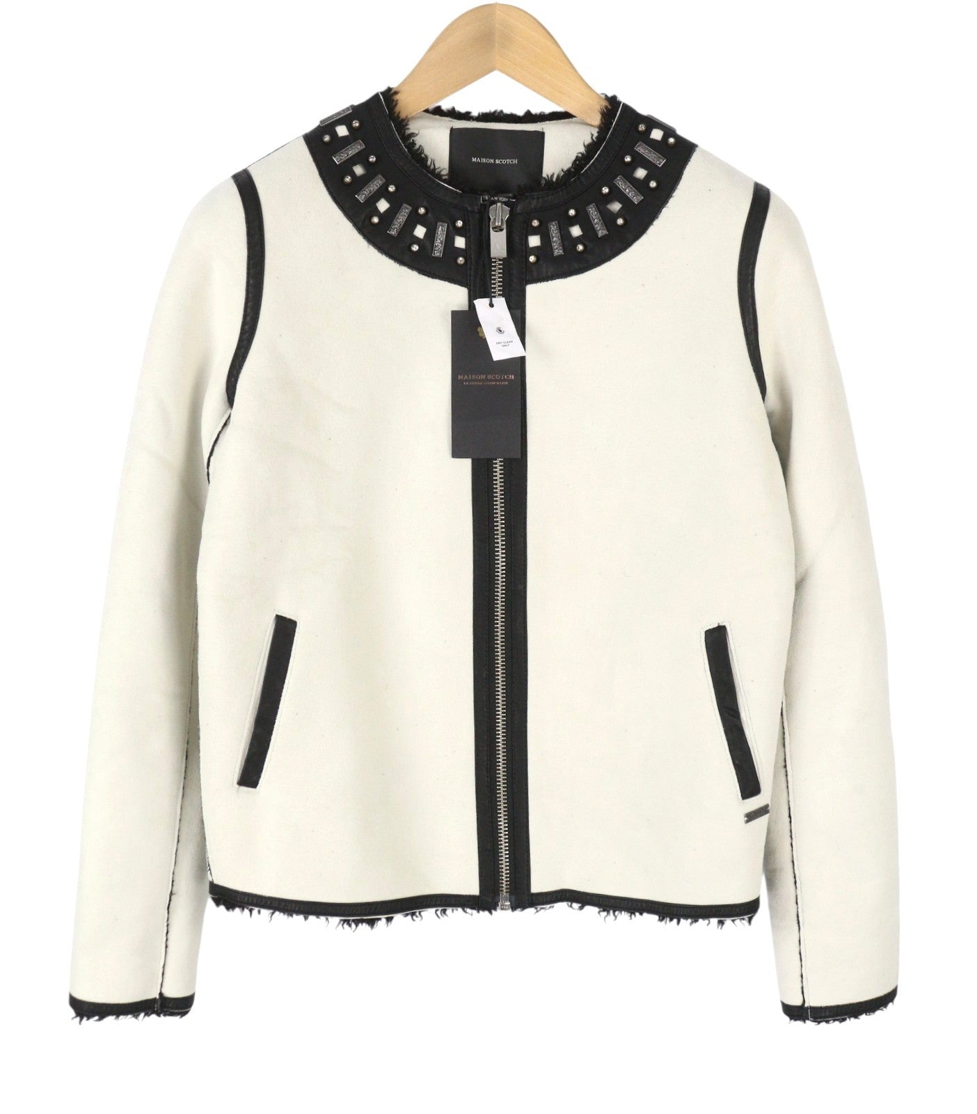 MAISON SCOTCH Women Jacket S White Faux Suede Leather Beads Fluffy Lined RRP269