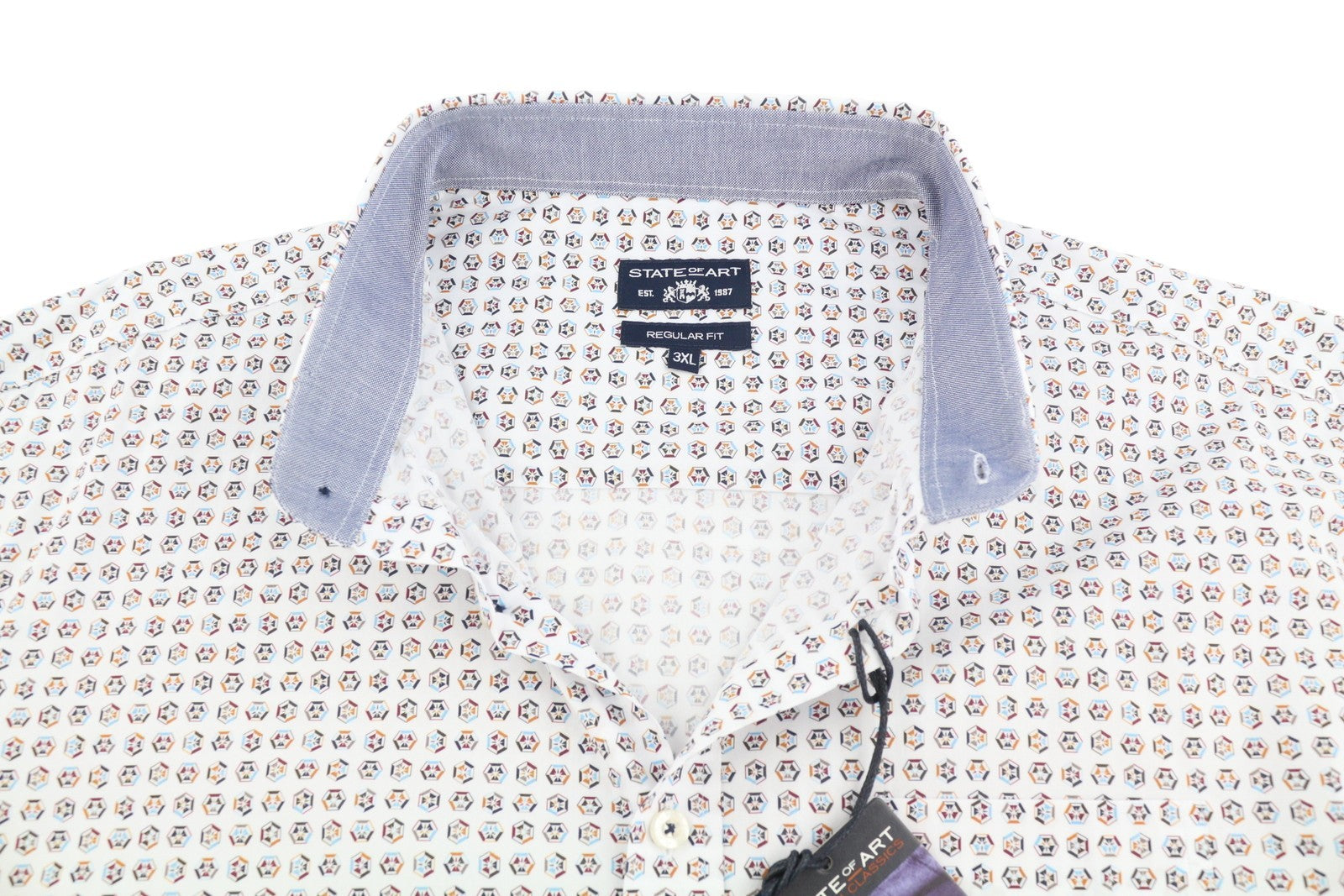 STATE OF ART Regular Fit Men Shirt 3XL White Patterned Button-Down Neck Casual