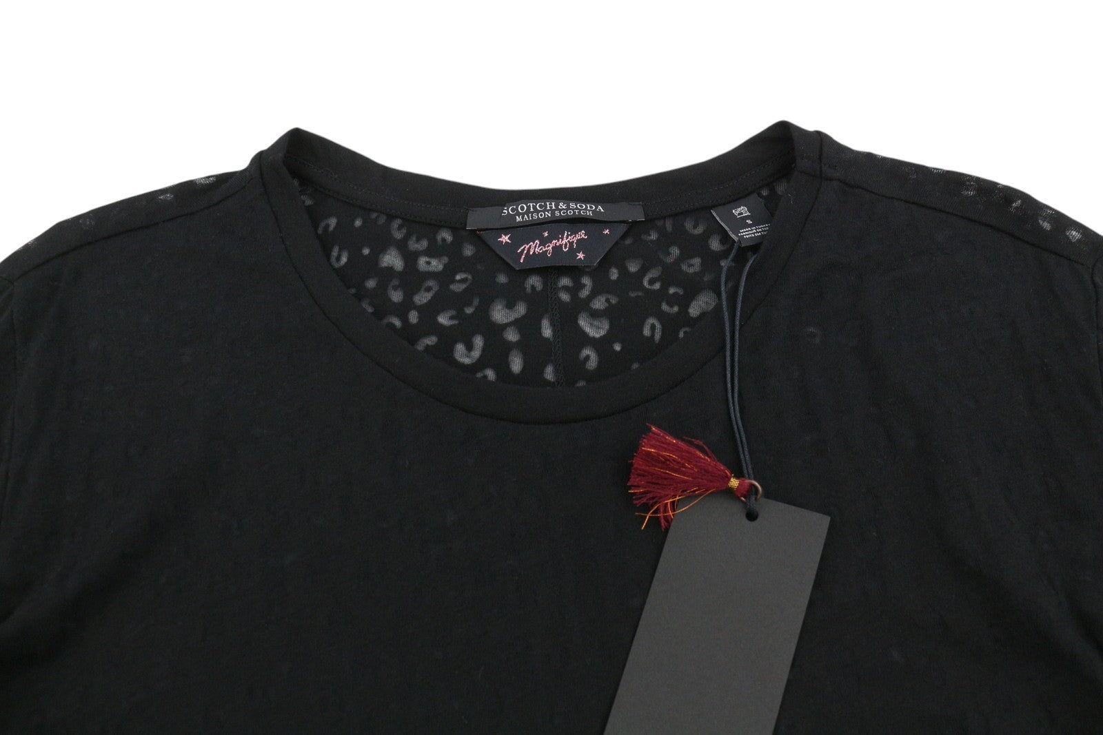 MAISON SCOTCH Women Blouse S Black Sheer Leopard Print Crew Neck Long Sleeved