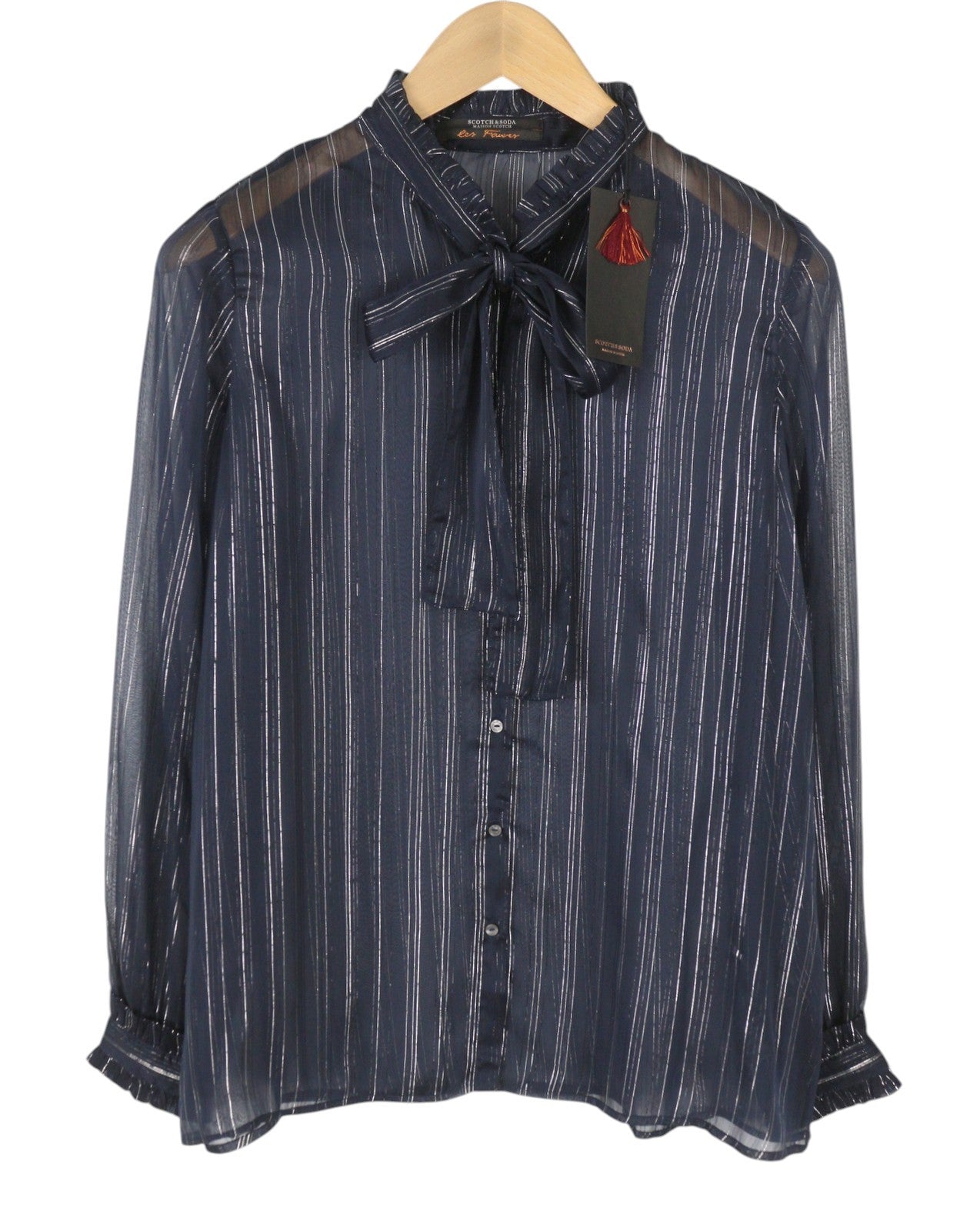 MAISON SCOTCH Women Blouse M Blue Shiny Glitter Pinstriped Transparent Button-Up